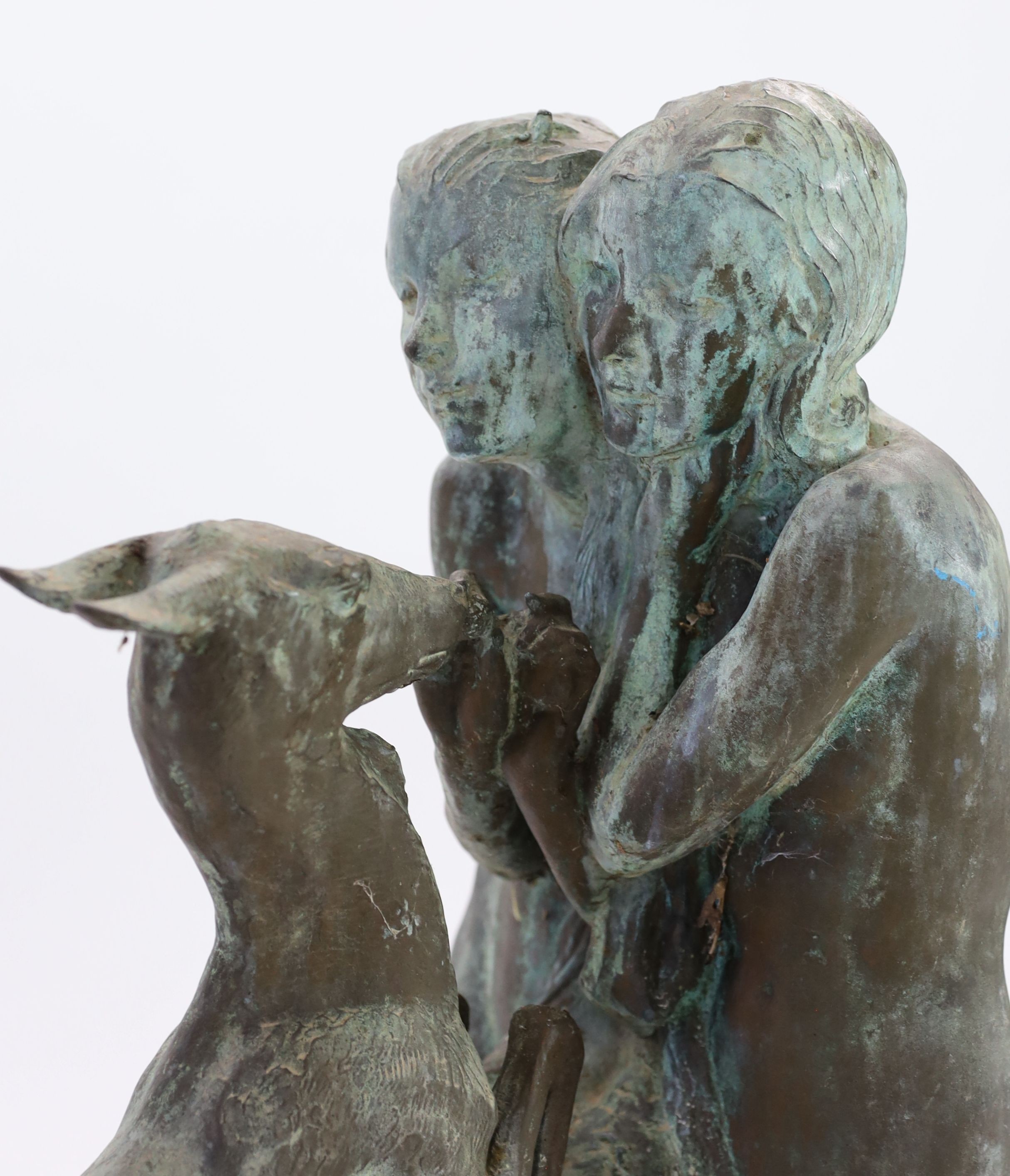 Ferdinand Victor Blundstone (1882-1951). An early 20th century bronze group of a woman and nymph feeding a doe, width 60cm depth 26cm height 87cm